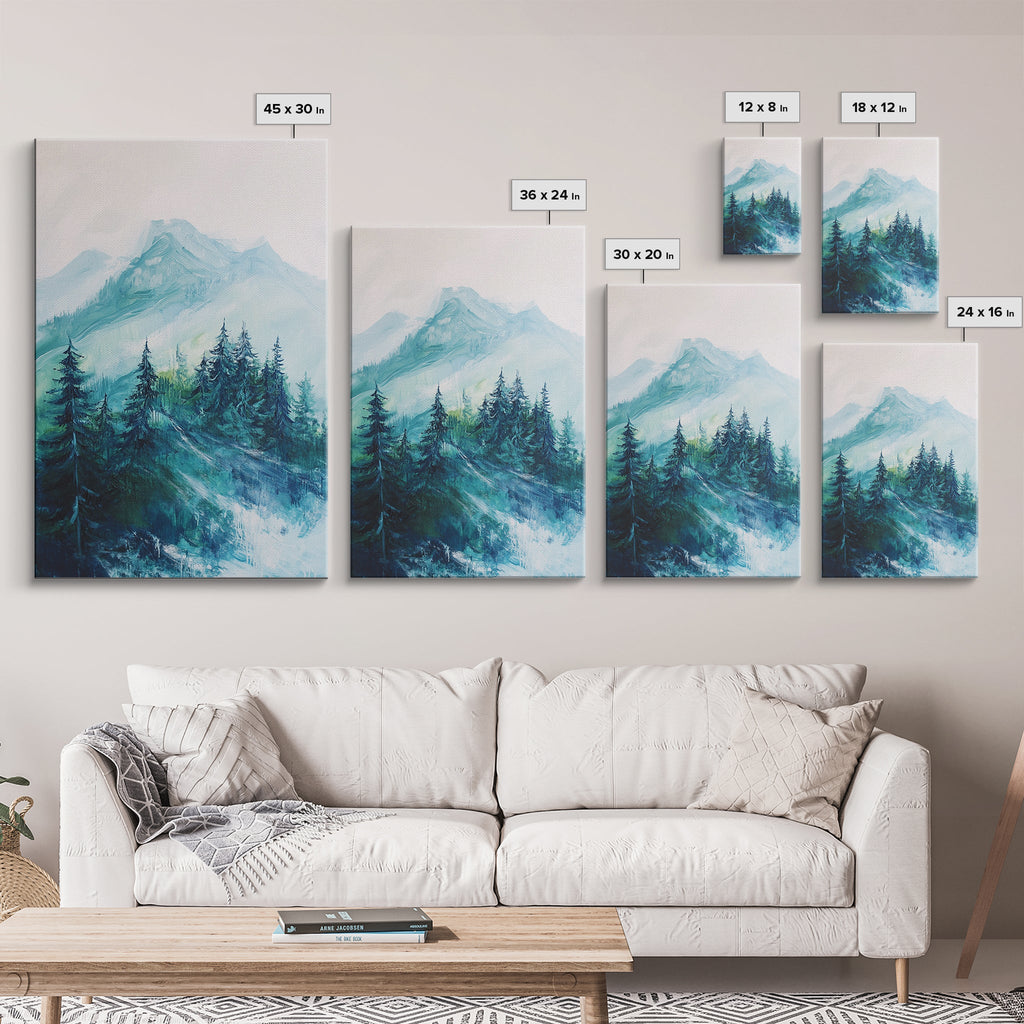 Mountain Painting, Forest Landscape Art, Nature Scene, Blue and Green Wall Art, Tranquil Scenery, Rustic Decor, Canvas Print