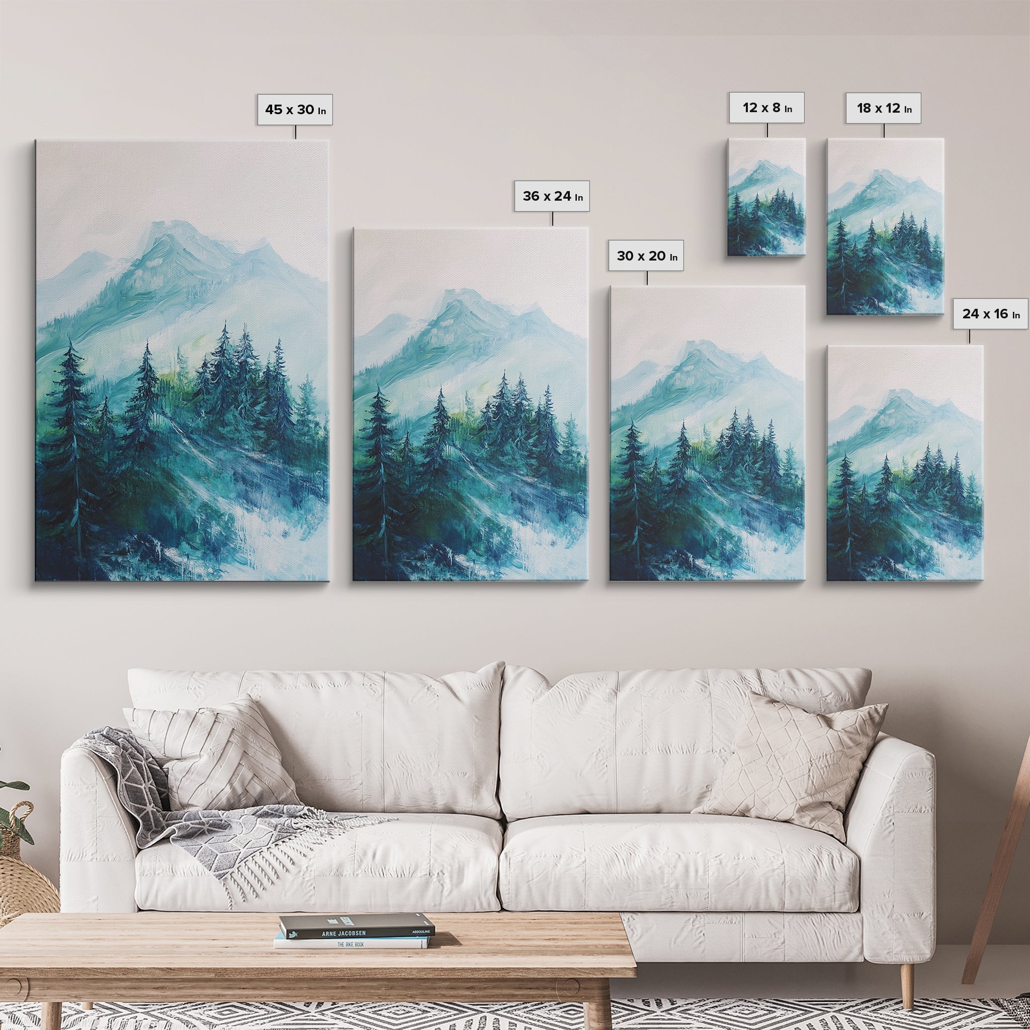 Mountain Painting, Forest Landscape Art, Nature Scene, Blue and Green Wall Art, Tranquil Scenery, Rustic Decor, Canvas Print