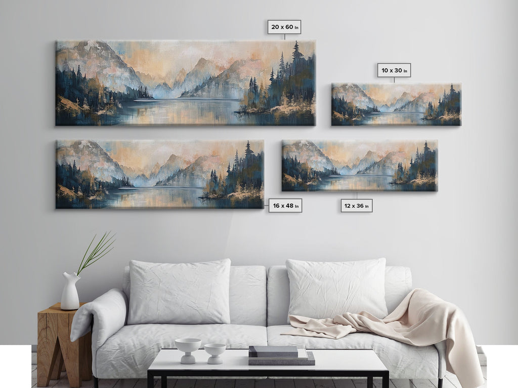 Mountain Lake Reflection Framed Canvas Print - Tranquil Nature Painting, Neutral Home Decor, Minimalist Landscape Wall Art