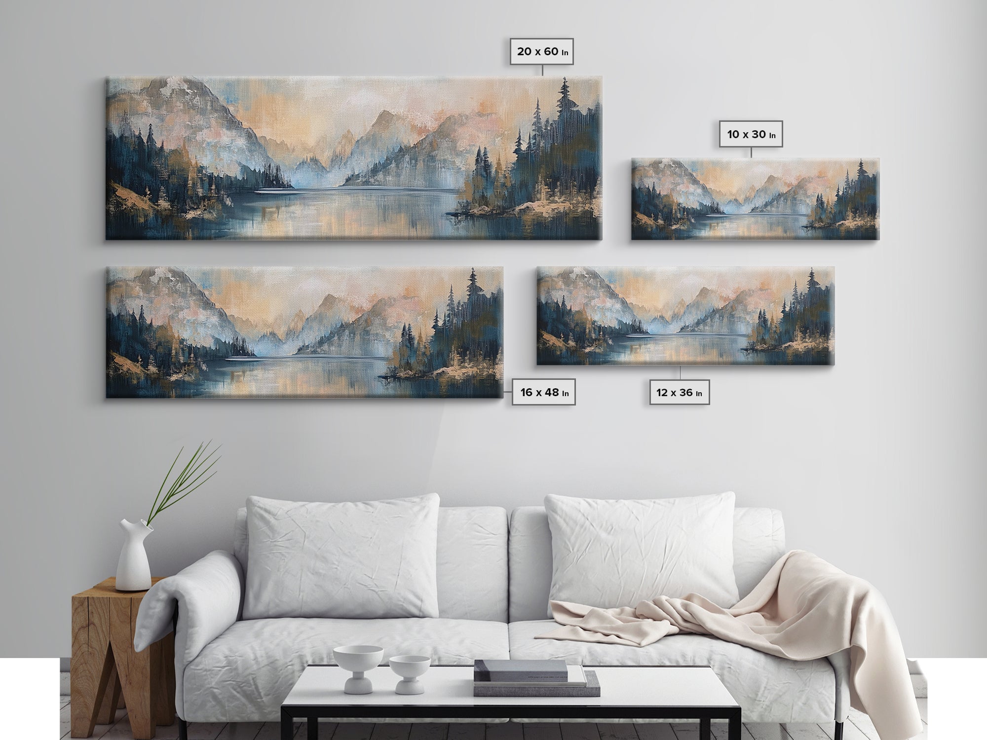 Mountain Lake Reflection Framed Canvas Print - Tranquil Nature Painting, Neutral Home Decor, Minimalist Landscape Wall Art
