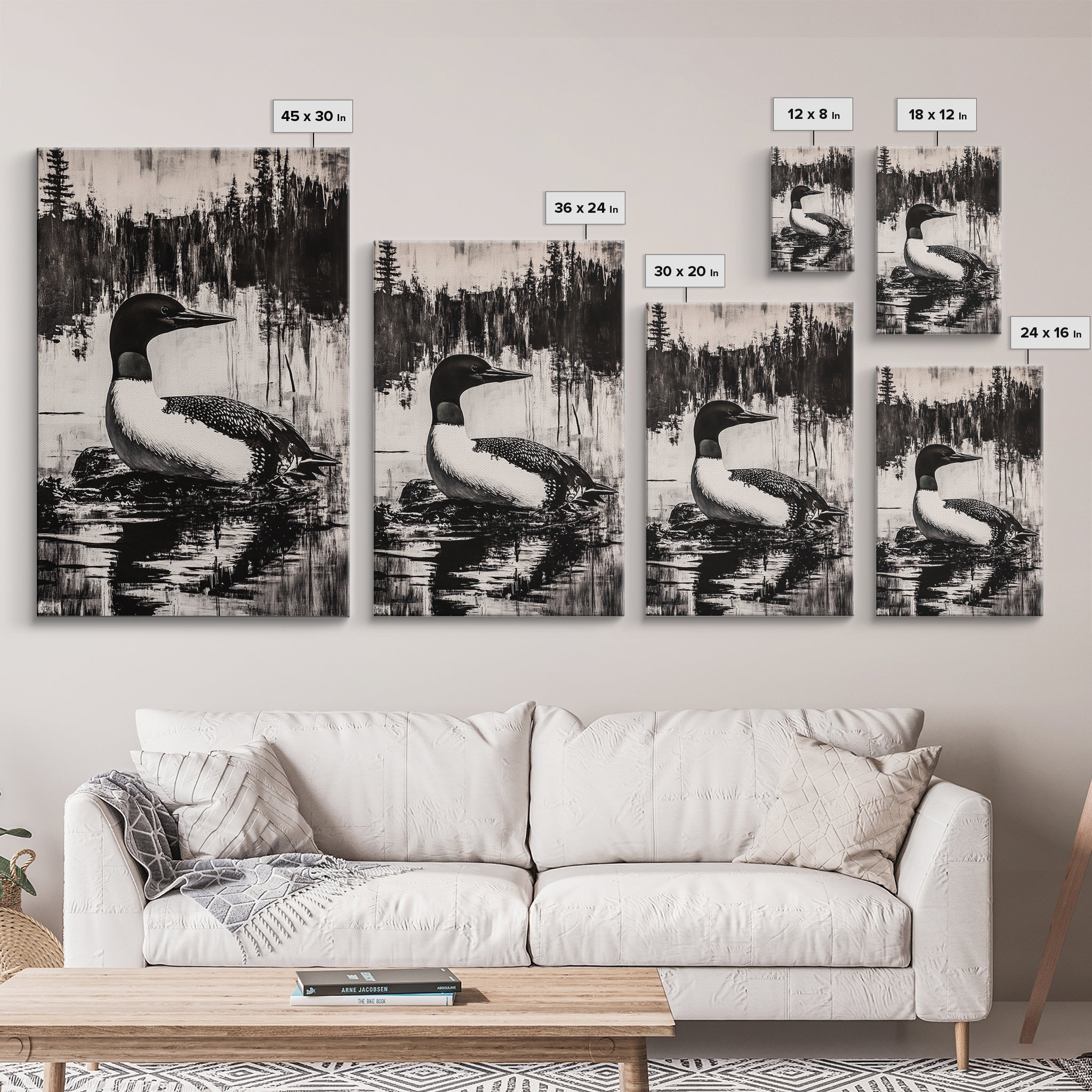 Loon, Lake Reflection, Nature Wall Art, Framed Canvas Print, Black and White Art, Minimalist Decor, Cabin Wall Art, Rustic Home