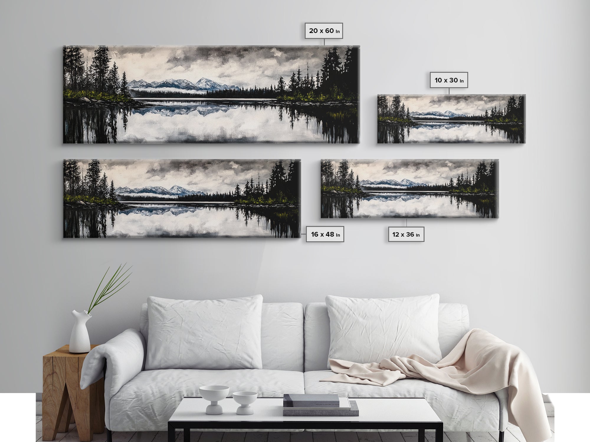 Mountain Reflection, Tranquil Lake Art, Black and White Landscape, Nature Inspired Decor, Framed Canvas Print, Cabin Wall Art, Moody Forest Scene