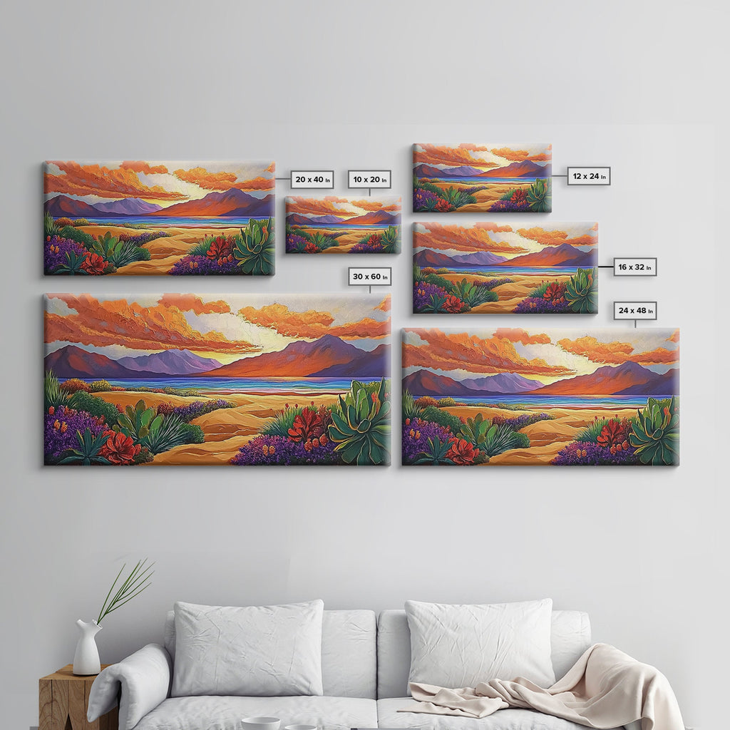 Sunset Desert, Mountains, Canvas Print, Vibrant desert landscape art with sunset sky and mountains, perfect Living Room Wall Art