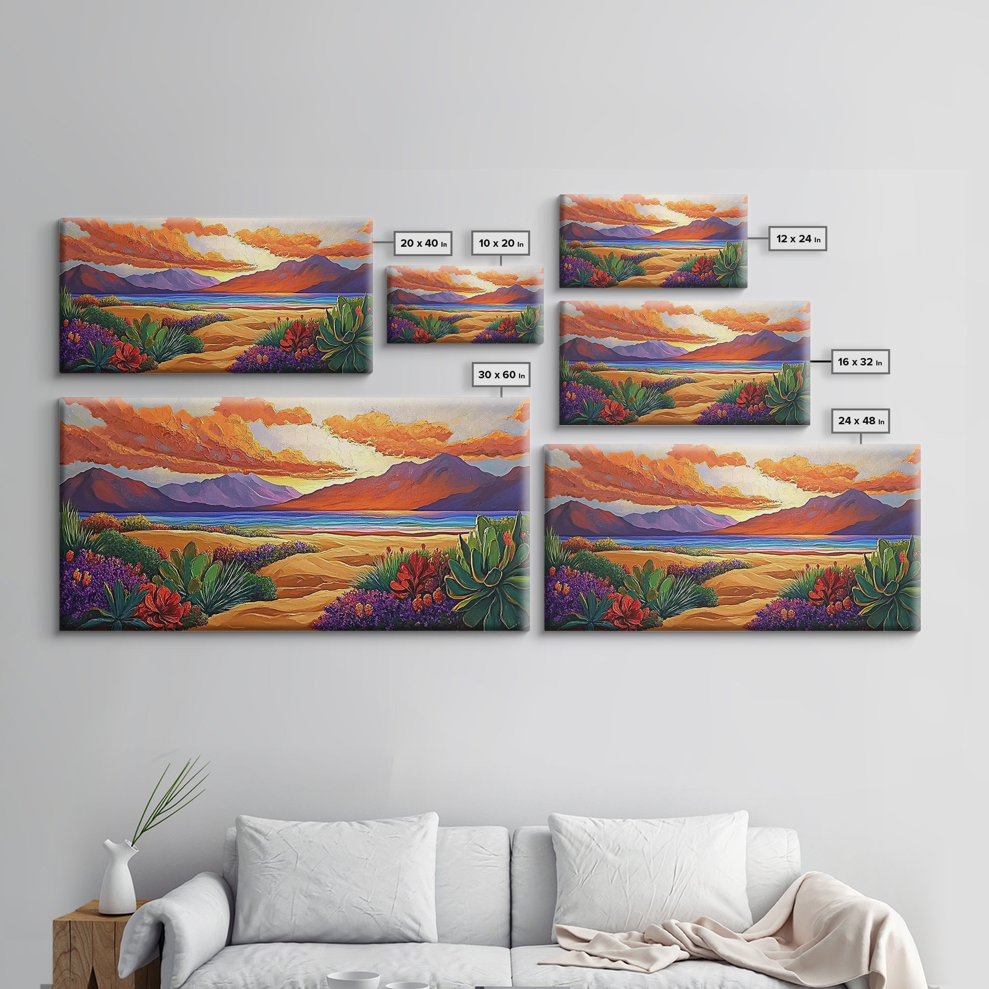 Sunset Desert, Mountains, Canvas Print, Vibrant desert landscape art with sunset sky and mountains, perfect Living Room Wall Art