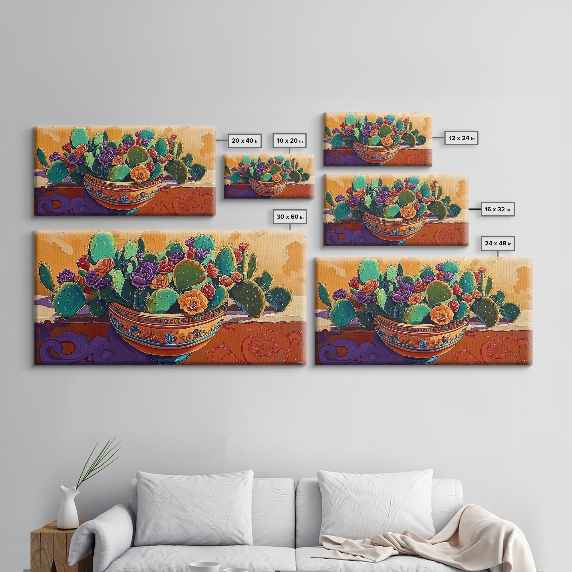 Cactus, Succulent, Pottery, Flowers, Canvas Print southwestern kitchen wall art, vibrant decor, colorful succulent painting