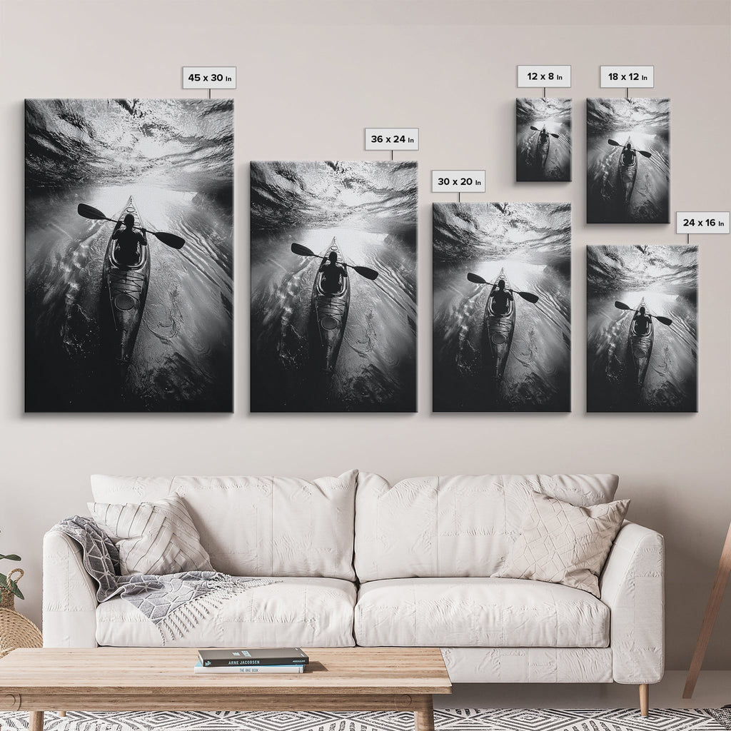 Kayaking Exploration, River Reflections, Adventure Sport, Framed Canvas Print, Office Wall Art, Moody Travel Photography, Nature Wall Decor
