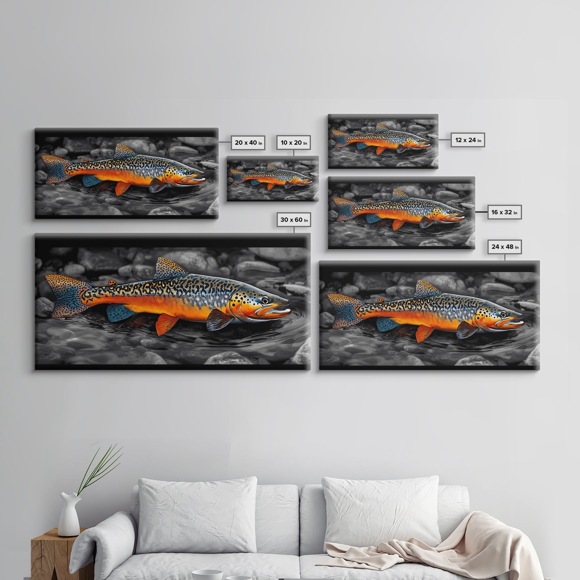 Rainbow Trout, Colorful Fish, Bold Patterns, River Stream – Framed Canvas Print, Fishing Wall Art, Cabin Decor, Rustic Wildlife