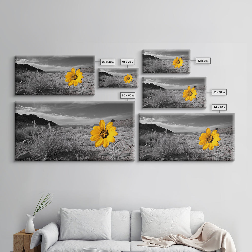 Yellow Flower, Desert Bloom, Monochrome Landscape, Canvas Print, Botanical Wall Art, Minimalist Nature Decor, Modern Kitchen Accent
