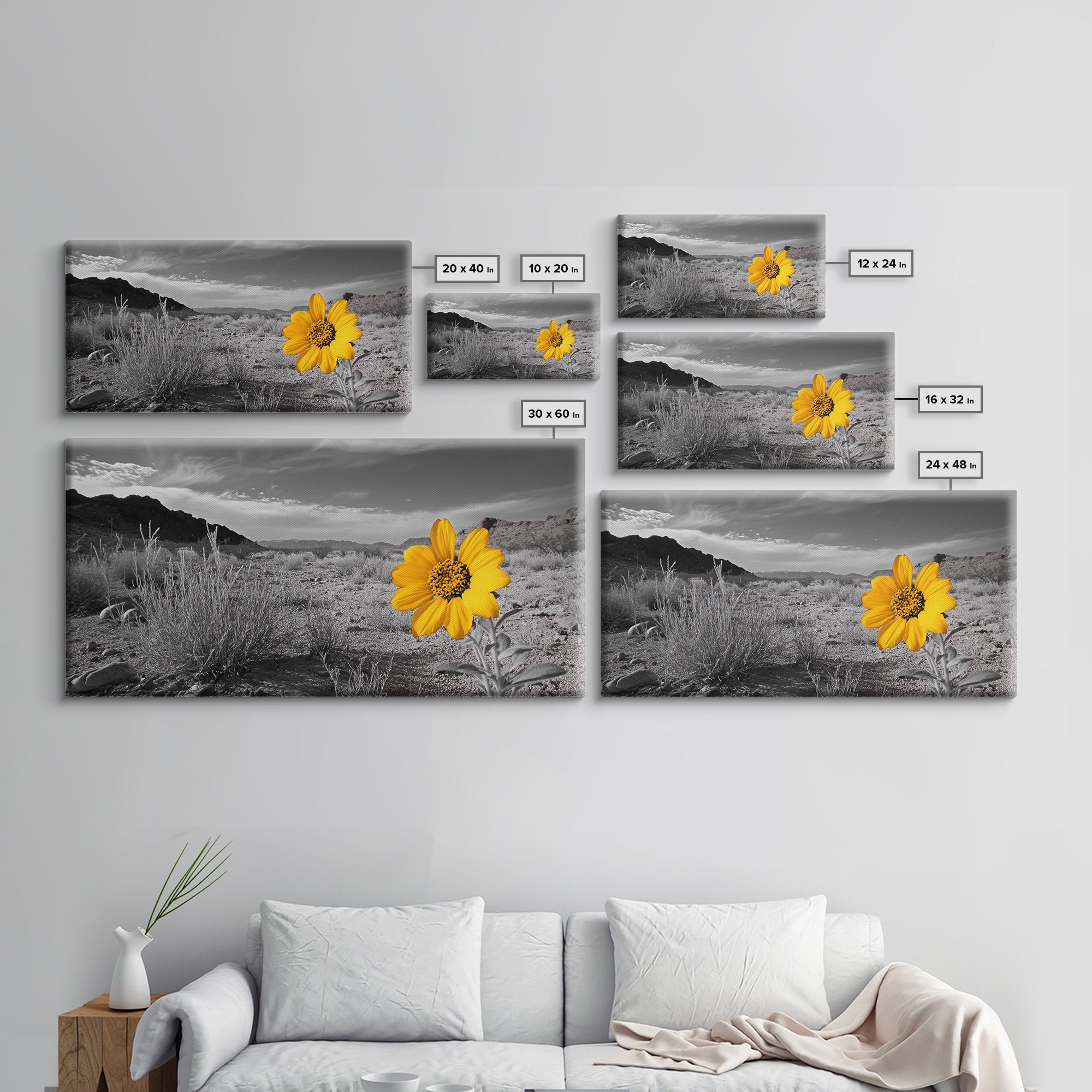 Yellow Flower, Desert Bloom, Monochrome Landscape, Canvas Print, Botanical Wall Art, Minimalist Nature Decor, Modern Kitchen Accent