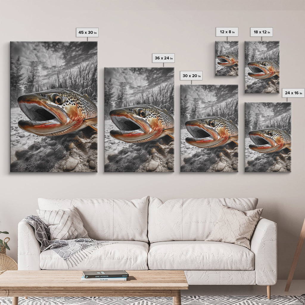 Brown Trout Closeup, Riverbed Focus, Dramatic Fish Art, Framed Canvas Print, Fisherman Gift, Cabin Wall Art, Rustic Outdoor Decor