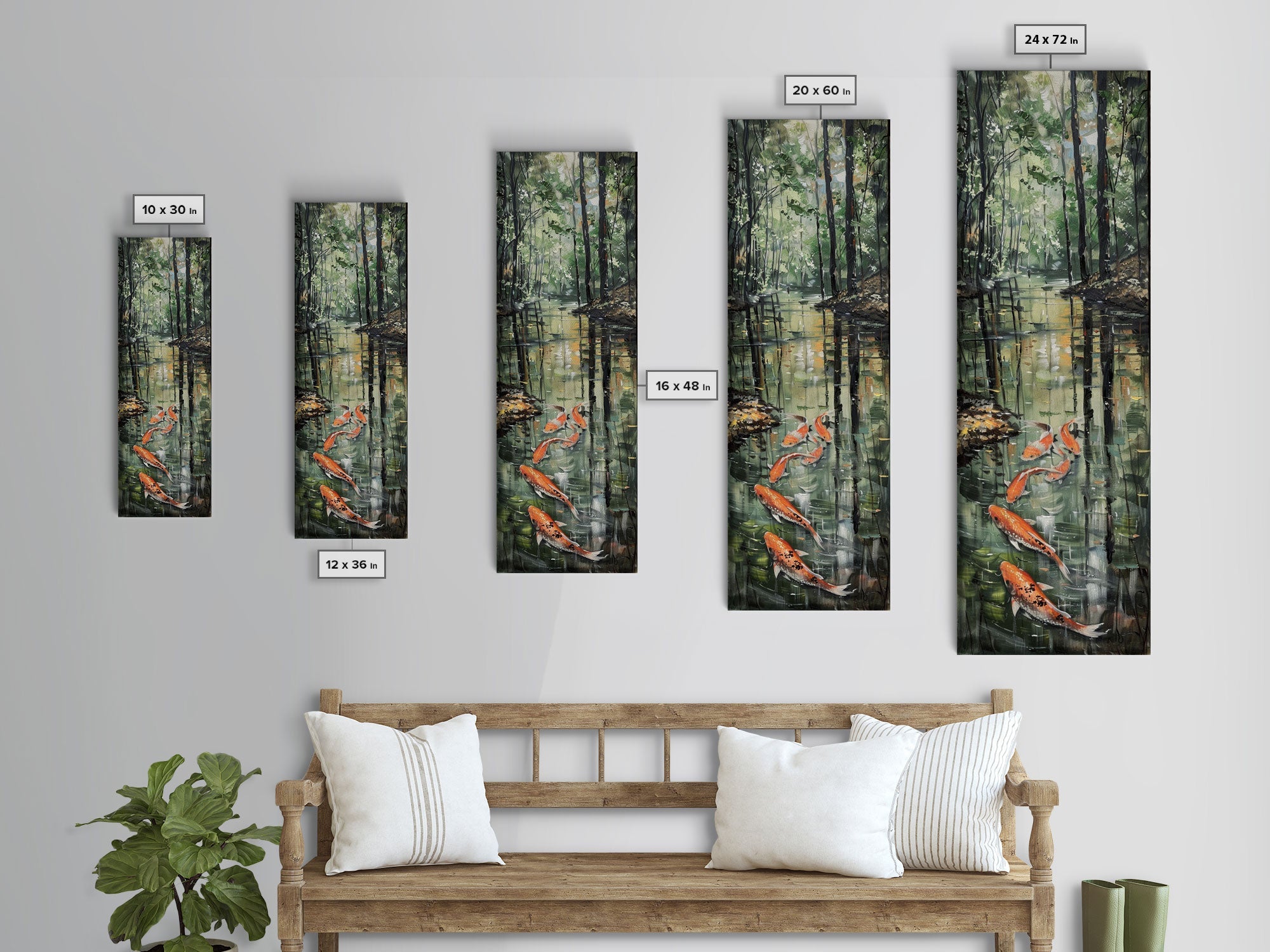 Elegant Koi Fish Swimming Serene Water Garden Nature Art Framed Canvas Print Tall Art Japanese Style Art