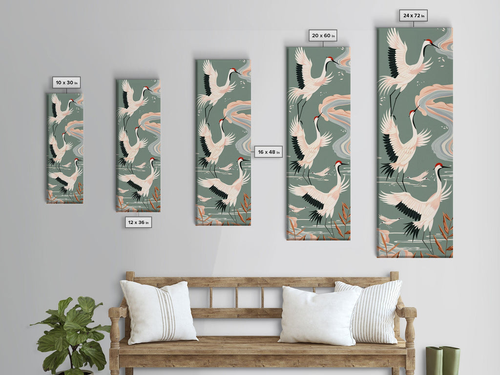 Cranes In Flight Framed Canvas Print, Traditional Japanese Art With Soft Colors And Detailed Wings, Wall Art Ready To Hang