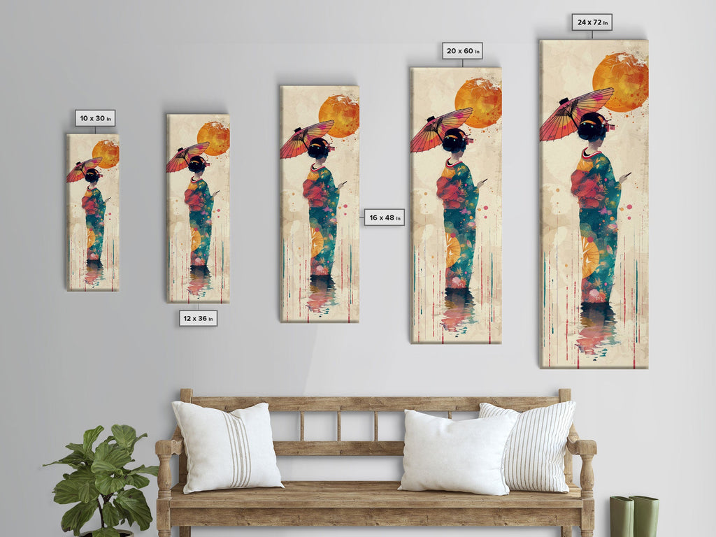 Ukiyo-e Art, Skinny Art, Tall Art, Japanese Style Art, Geisha With Umbrella Wood Block Print Framed Canvas Print