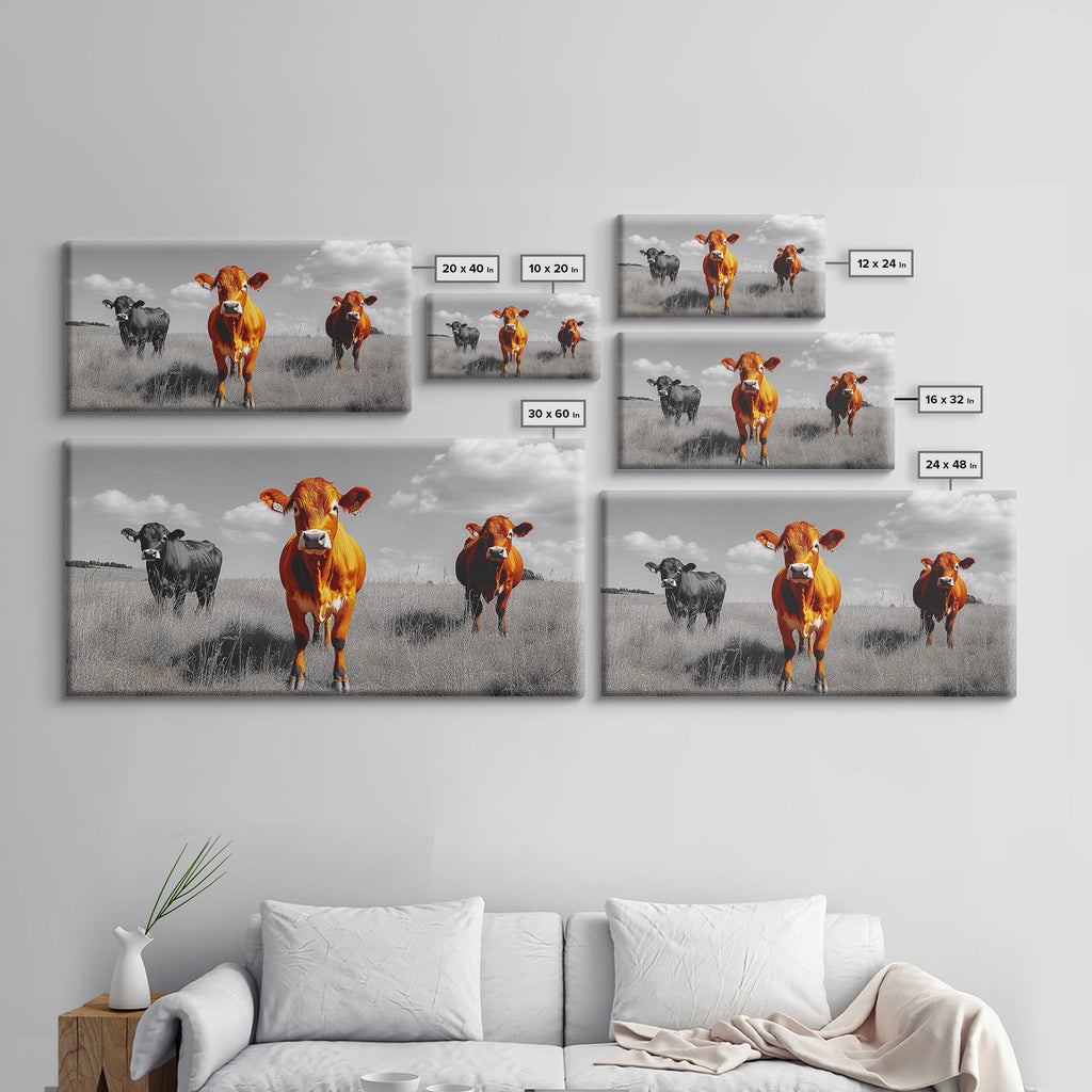 Highland Cows Canvas Print | Rustic Farmhouse Art | Black and White Cattle Painting | Moody Art | Above Sofa Wall Art | Extra Wide Art