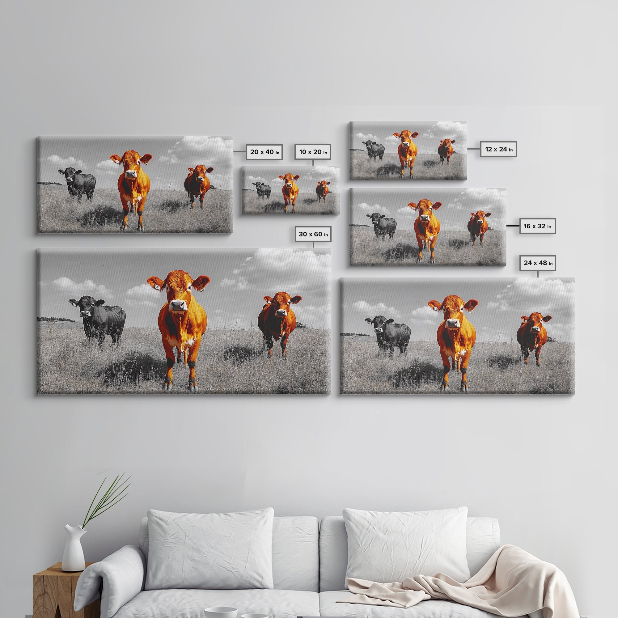 Highland Cows Canvas Print | Rustic Farmhouse Art | Black and White Cattle Painting | Moody Art | Above Sofa Wall Art | Extra Wide Art