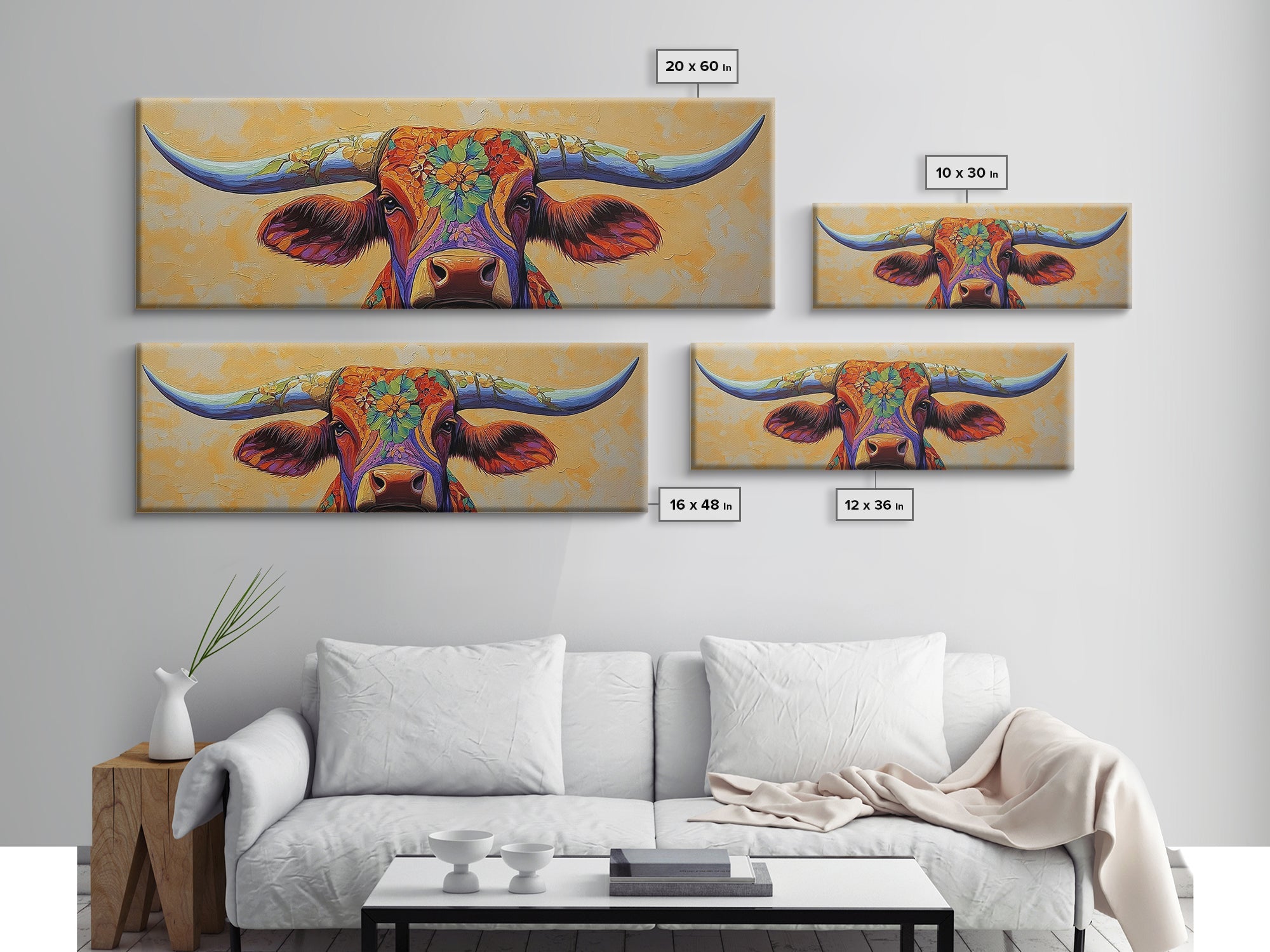 Floral Longhorn Art, Southwestern Wall Art, Texas Cow Art, Rustic Farmhouse Decor, Boho Art, Framed Canvas Print, Moody Art