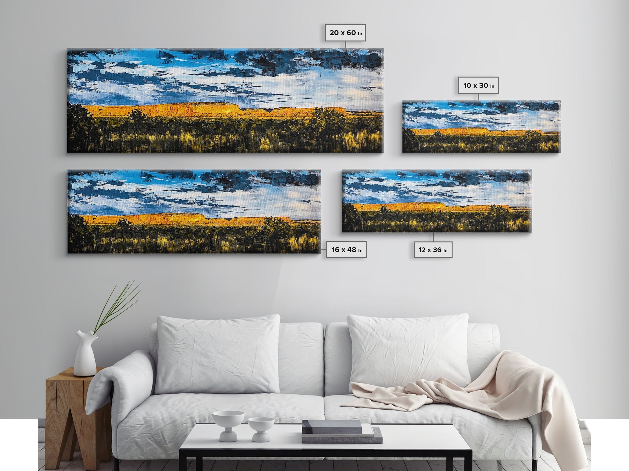 Southwest desert, landscape painting, long narrow wall art, extra wide art, panoramic painting, framed canvas print, rustic decor
