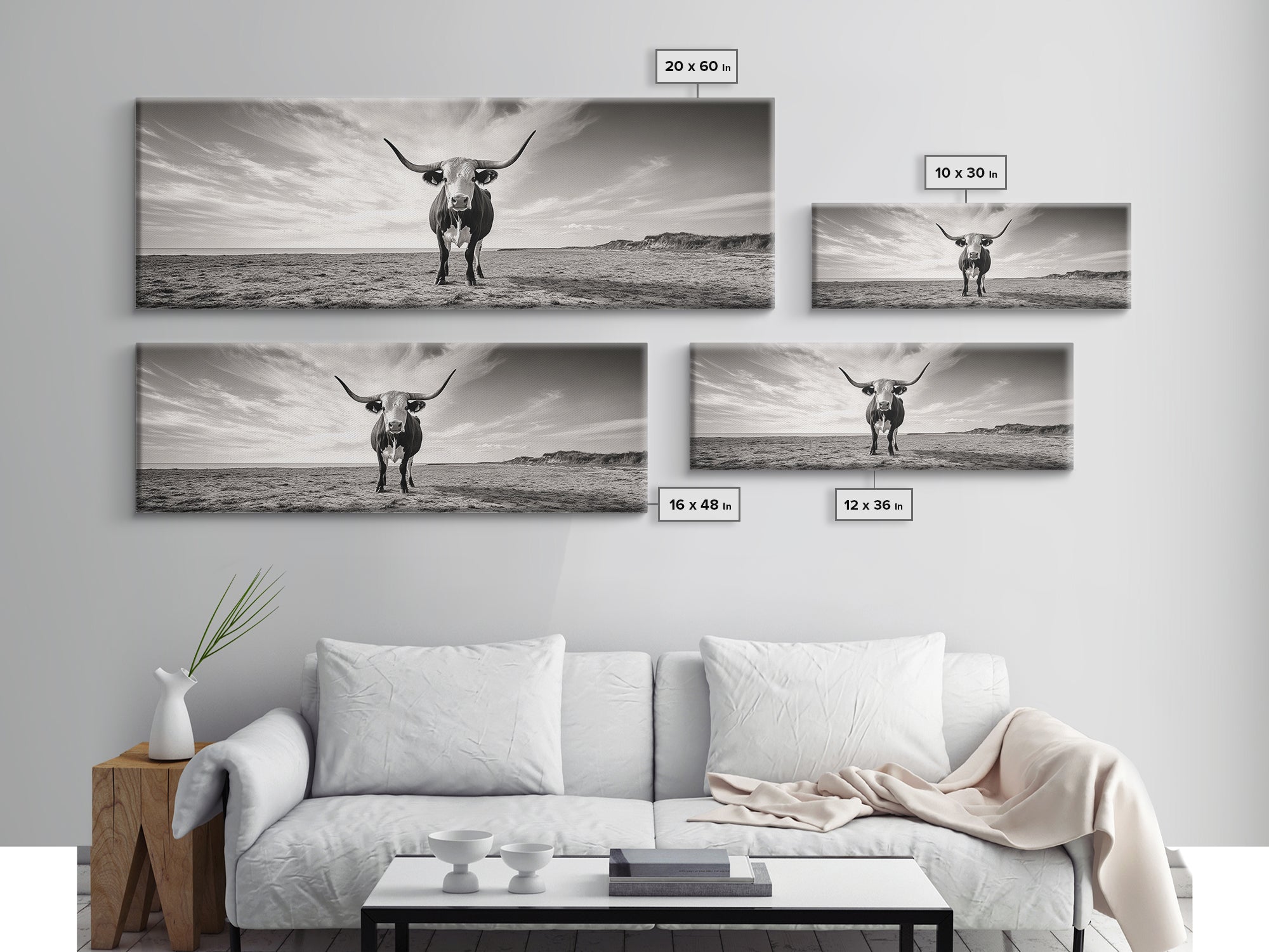 Longhorn, western landscape, bull and bear art, panoramic art, extra wide art, rustic wall art, framed canvas print, farmhouse decor, moody art