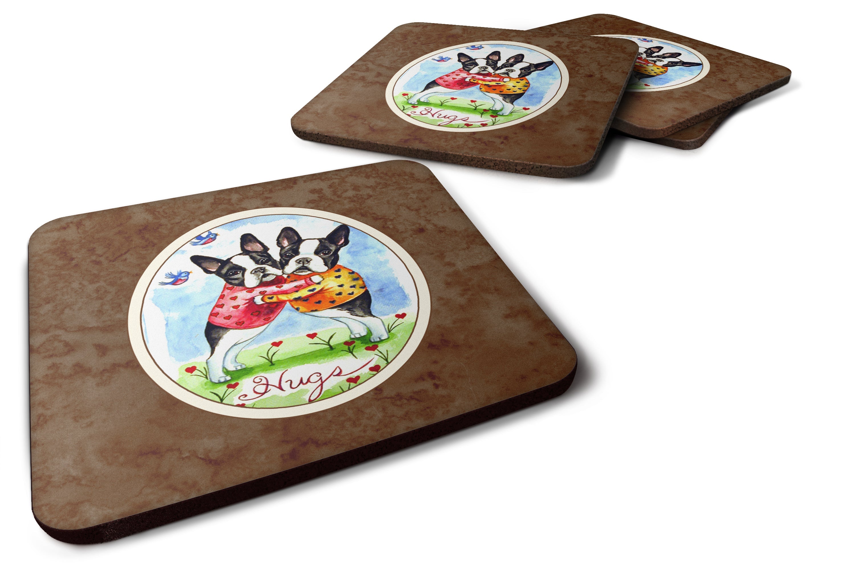 Hugs Boston Terrier Foam Coasters Set of 4 Cup Coasters for Indoor Outdoor, Tabletop Protection, Anti Slip, Mouse pad Material