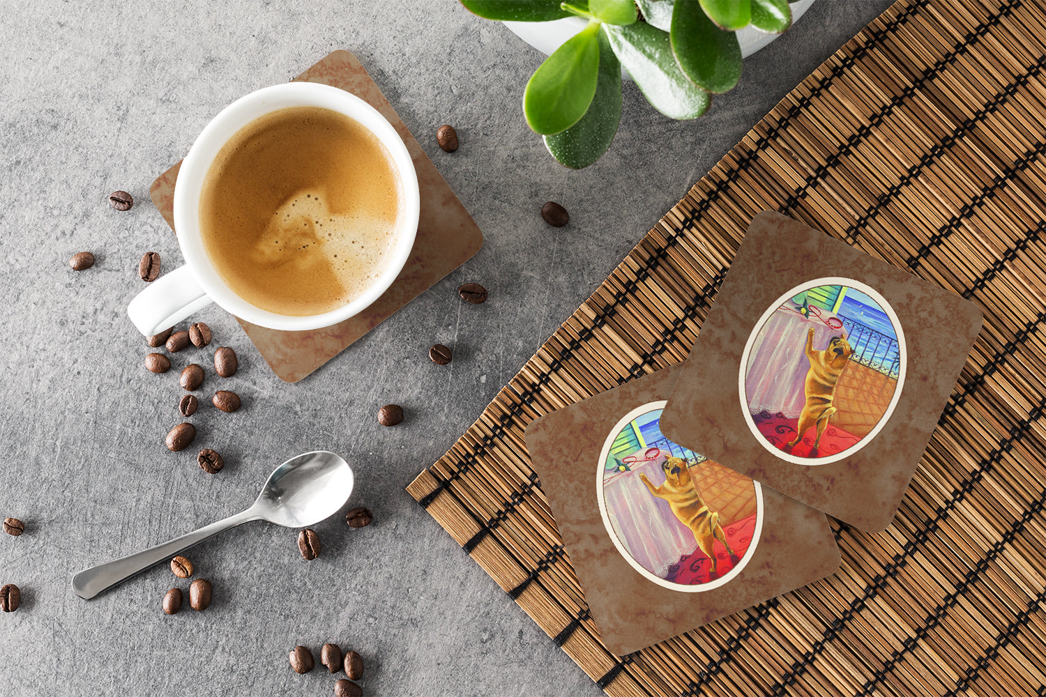 Helping Himself Fawn Pug Foam Coasters Set of 4 Cup Coasters for Indoor Outdoor, Tabletop Protection, Anti Slip, Mouse pad Material