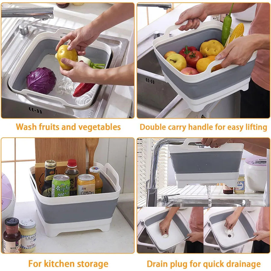 9 Liter Collapsible Plastic Vegetable Wash Basin with Drain Plug for Dish Storage, Vegetable and Fruit Washing, Chill Bucket