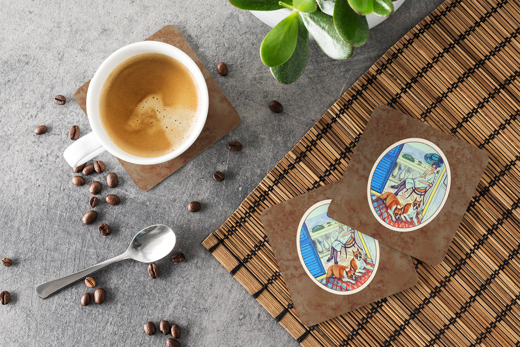 Lady with her Boxer Foam Coasters Set of 4 Cup Coasters for Indoor Outdoor, Tabletop Protection, Anti Slip, Mouse pad Material