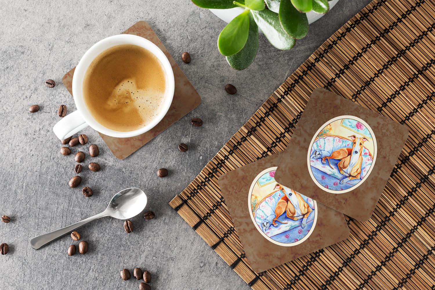 Whippet Waiting on you Foam Coasters Set of 4 Cup Coasters for Indoor Outdoor, Tabletop Protection, Anti Slip, Mouse pad Material