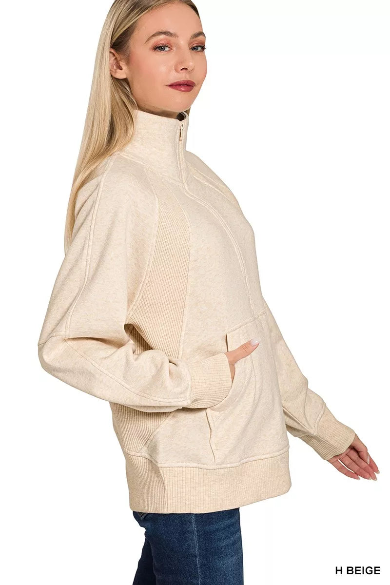 Zenana Half Zip Fleece Sweatshirt with kangaroo Pocket