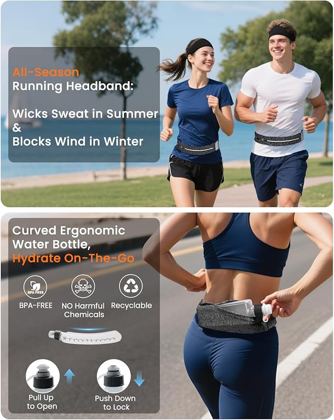 Running Belt for Women and Men, Adjustable Fanny Packs No Bounce Phone Holder for Running with Water Bottle & Headband, Waterproof Reflective Waist Packs for Runner Fits All Phones (M-Gray)