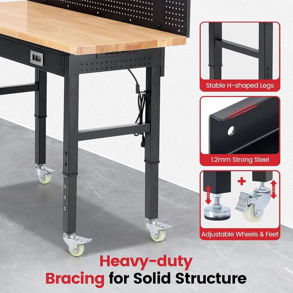 Workbench with Wheels 60 x 22 Inch Adjustable Height Work Table for Garage Heavy Duty Rubberwood Tabletop Work Bench with LED, Drawers, Pegboard, Power Outlets for Office Home Commercial
