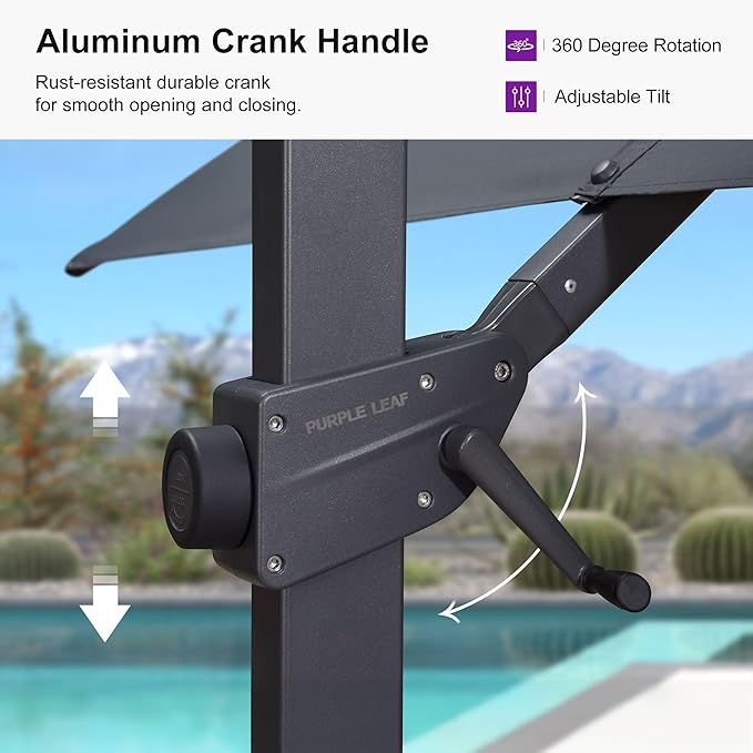 PURPLE LEAF 10' × 10' Patio Cantilever Umbrella with Base Outdoor Square Adjustable Offset Umbrellas with 360-degree Rotation and 8 Heavy Duty Metal Ribs for Garden Deck Pool Grey