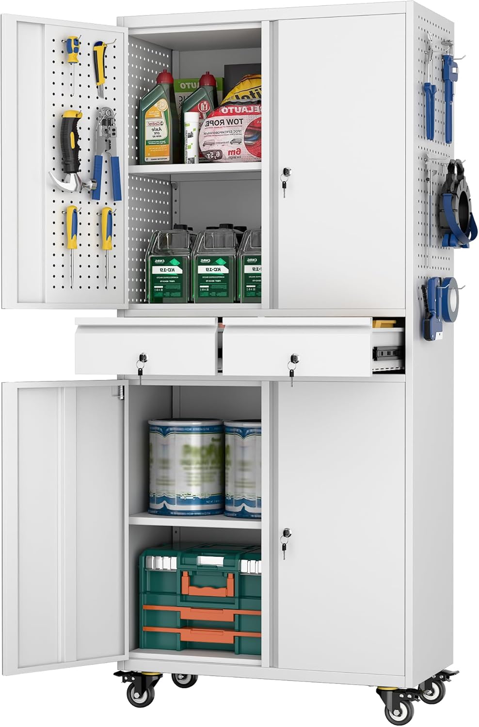 Aobabo Metal Storage Cabinet with 2 Locking Drawer and Pegboard, Steel Rolling Tool Cabinet with 8 Hooks and 2 Adjustable Shelves for Garage, Home, Office, Kitchen Assembly Required, White