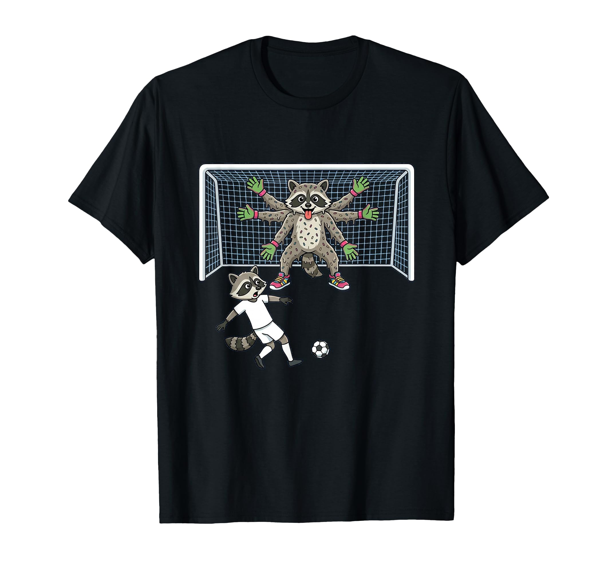 Goalie Raccoon Soccer Multi Arm Trash T-Shirt - Novelty Apparel for Adults