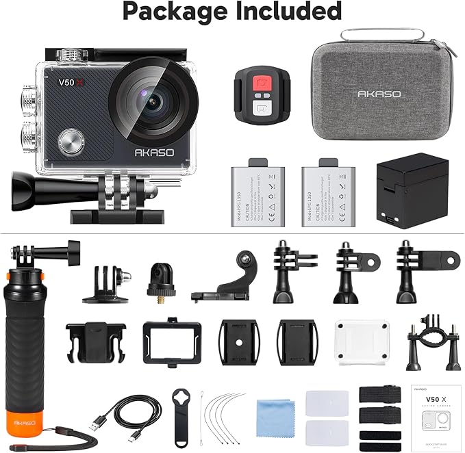 AKASO V50X Native 4K30fps WiFi Action Camera with EIS Touch Screen 4X Zoom 131 feet Waterproof Camera Support External Mic Remote Control (with Floating Hand Grip and Carry Bag)