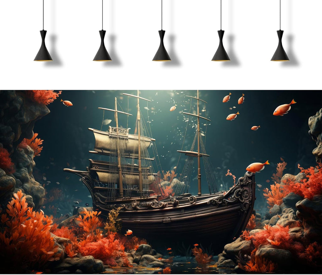 Pirate Shipwreck Aquarium Background Under The Sea Coral Reefs Fish Tank Background Underwater Sunken Ship Landscape Terrarium Background Tropical Sea Marine Life Aquarium Tank Background 72x16in