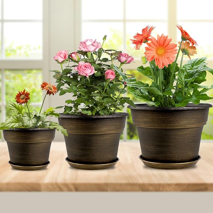 Plant Planters Pots Set of 4 Pack 11 Inch, Plastic Flower Pot for Indoor Plants with Drainage Holes & Trays, Resin Decorative Container Sets with Saucer for House Outdoor Garden Planters Dark Gold