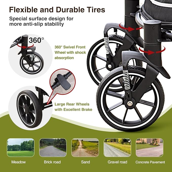 Dog Stroller for Medium/Large Dogs One-Click Folding, Extra Large Pet Stroller for 2 Dogs with Storage Pocket & Shock Absorption, Up to 130 lbs, Red