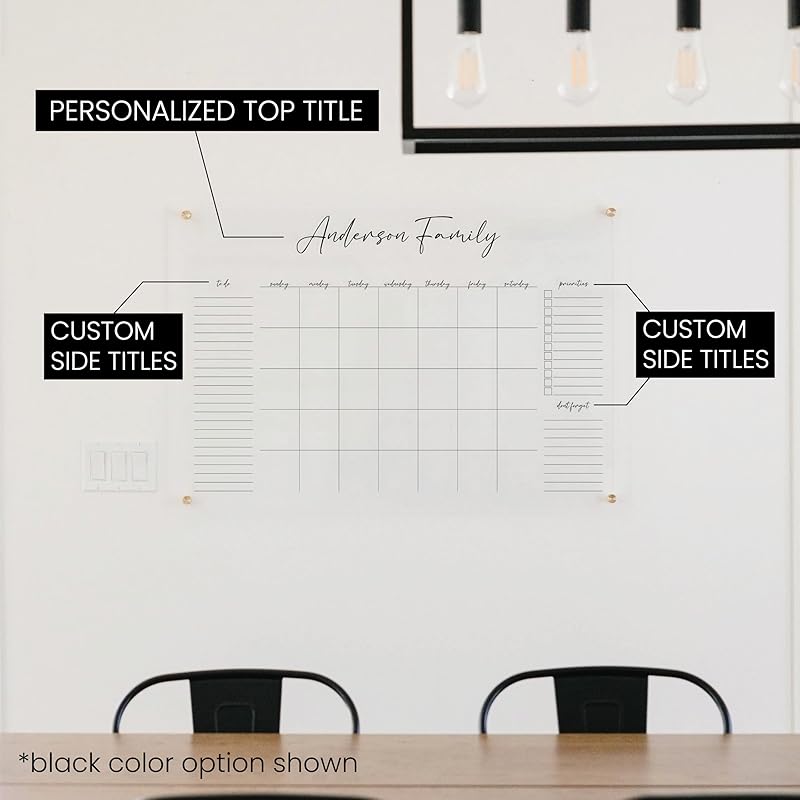Personalized Clear Acrylic Calendar for Wall, Calendar Whiteboard for Wall, Dry Erase Wall Calendar, Wall Calendar Organizer System for Home (Cursive, Jade, 31"W x 23"H)