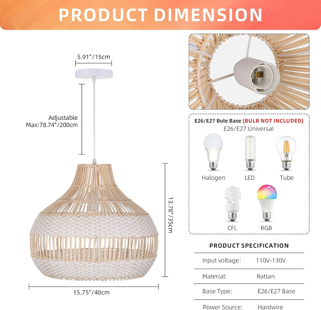 Arturesthome Rattan Chandelier for Kitchen Island,15.72" White Boho Woven Basket Pendant Light,Handmade Wicker Hanging Light for Living Room,Bedroom