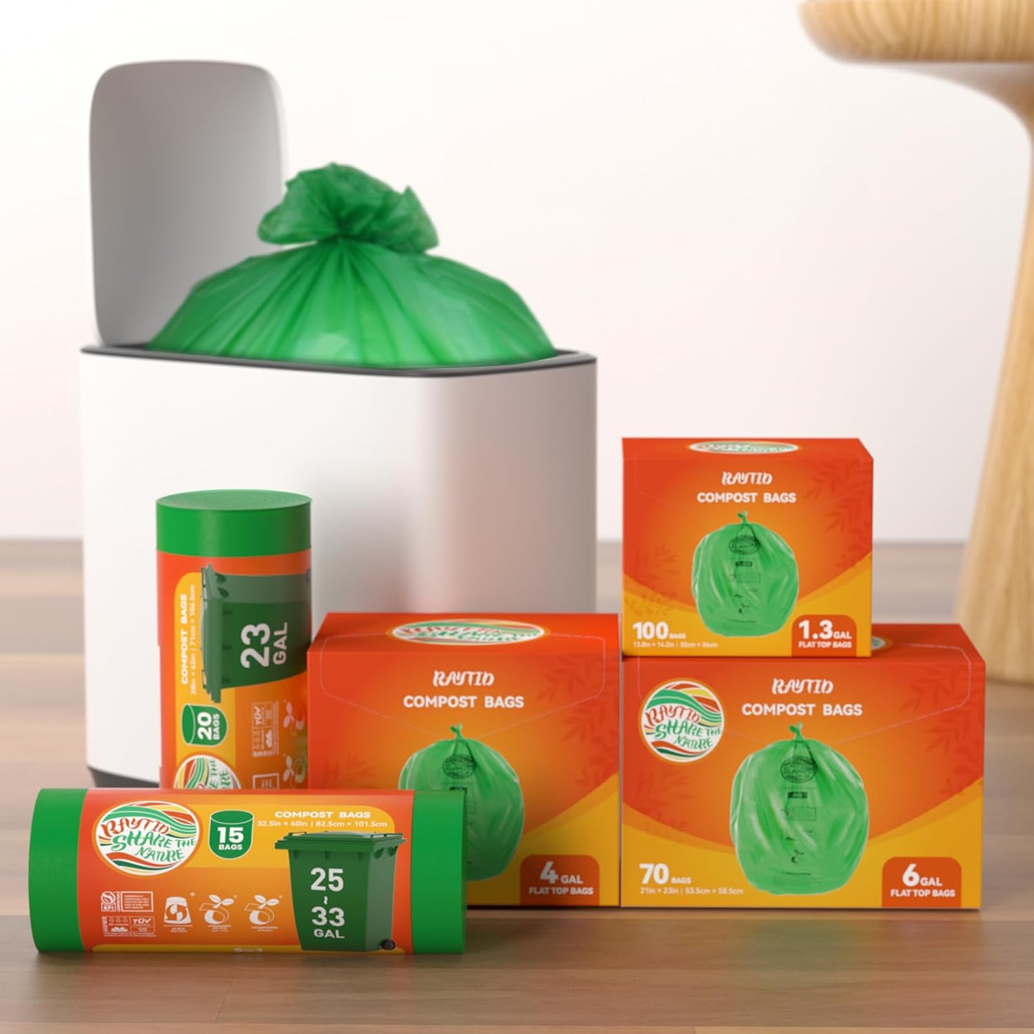 Compost Bags 1.3 Gallon,100 Count,Compostable Small Trash Bags for Kitchen Countertop Compost Bin 0.75, 1,1.2, 1.3Gallon,ASTM D6400, US BPI and Europe OK compost HOME certified