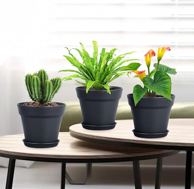 4 inch Small Plastic Nursery Pots, Seedling Pots - 16 Pack Plant Pots for Indoor & Outdoor Plants, Decorative Flower Pots with Drainage Holes and Saucers, Black