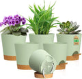 4 inch Self Watering Pots for Indoor Outdoor Plants, 6 Pack Plastic Flower Planters with Drainage Holes and Removable Saucers, Plant Pots with Wicking Rope, Modern Decor, Green Brown