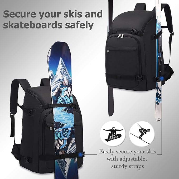 JIANYA Ski Boot Bag, 50L Waterproof Travel Backpack for Snowboard, Ski Helmet, Goggles, Gloves & Accessories, Gray