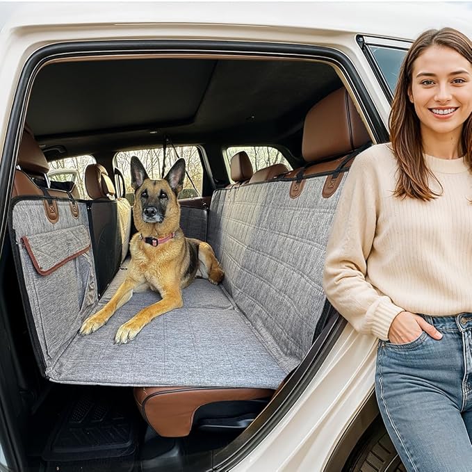 APetsPlanet Dog Car Seat Cover for Back Seat Hard Bottom - Waterproof Backseat Extender for Dogs - Pet Hammock for Car, Truck, SUV - Protector Bed with Mesh Window & Storage - Gray, with Door Covers