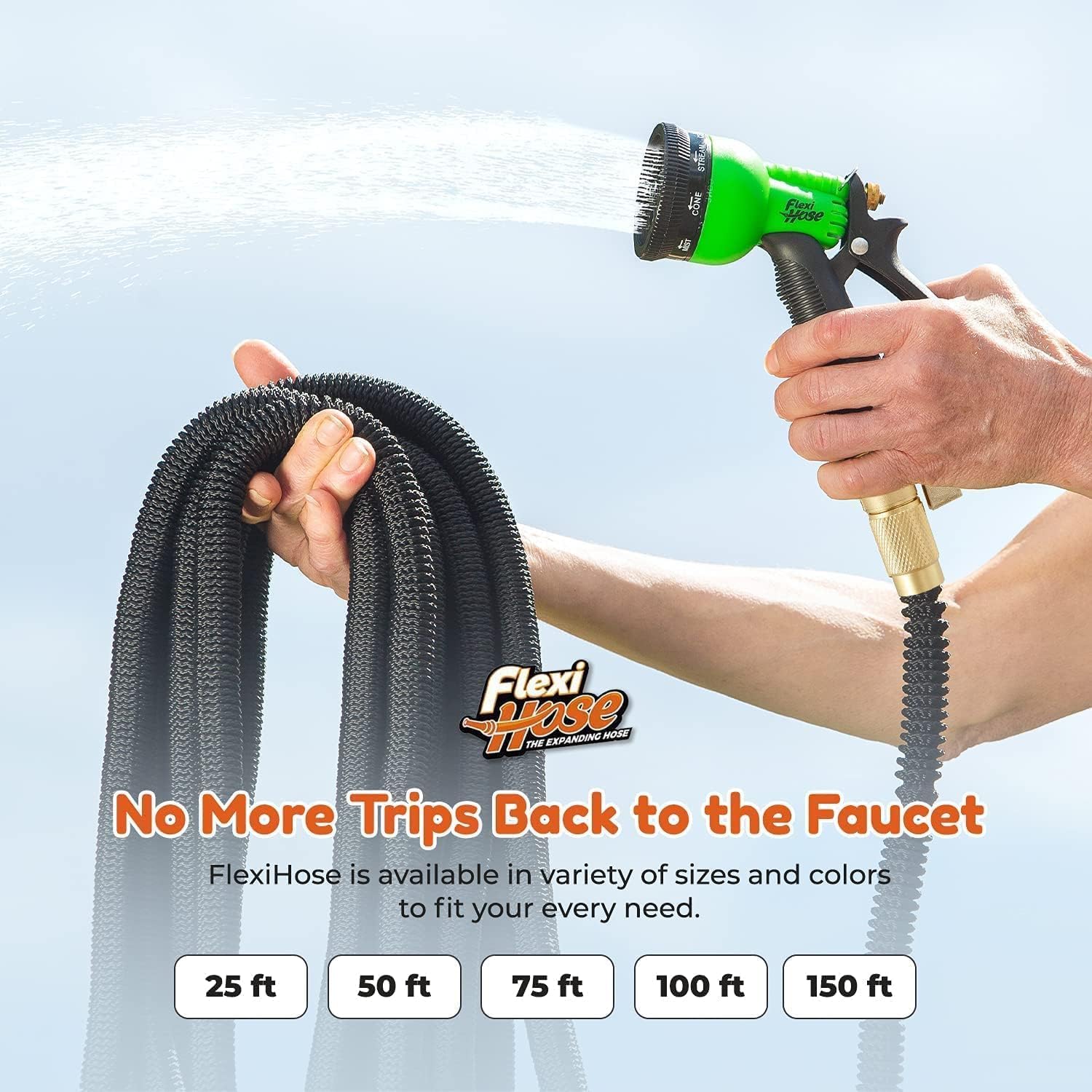 Flexi Hose PLUS with 8 Function Nozzle Expandable Garden Hose, Lightweight & No-Kink Flexible Garden Hose, 3/4 inch Solid Brass Fittings and Double Latex Core, 150 ft Black