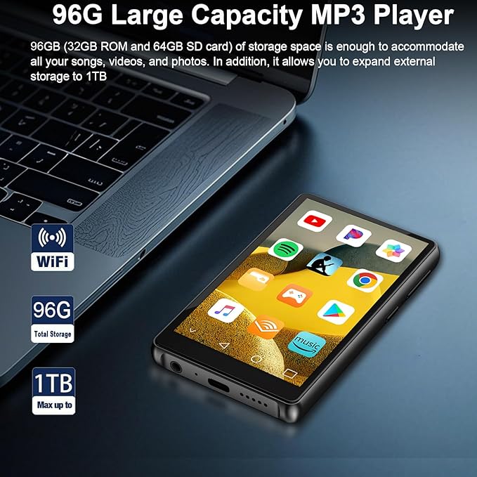 96GB MP3 Player with Bluetooth and WiFi, 4.1" Touch Screen, Silicone Protective case, Octa-core, MP4 Player for Spotify, Pandora, 96GB Storage Up to 1Tb, Android Music Player for Parental Control, FM