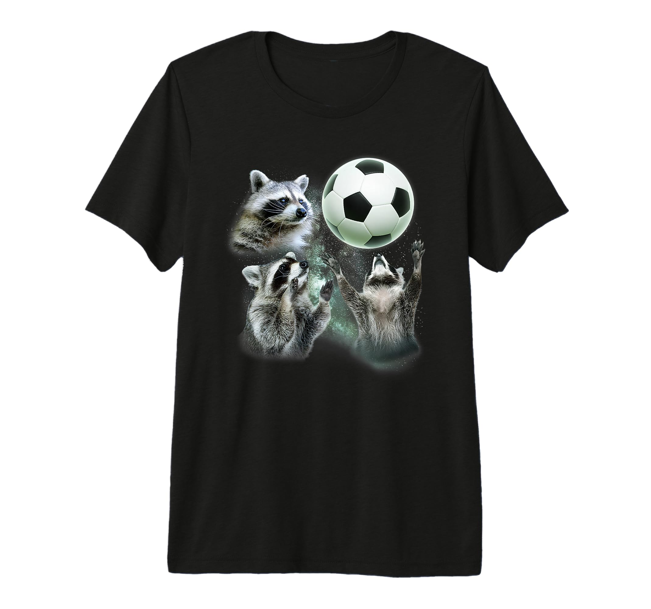 3 Racoon Soccer Howling Raccoon Head T-Shirt - Novelty Apparel for Adults