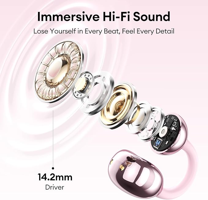 PAXA Stylish Open Ear Clip On Earbuds with Removable Diamond Earring, Clip On Headphones with LCD Touch Screen, Fashionables Open Ear Headphones for Women, Diamond Earring Rose Gold Earbuds
