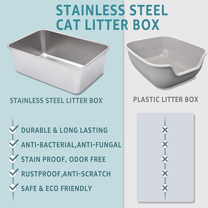 Stainless Steel Cat Litter Box,Metal Litter Box,Cat Litterbox for Kitten, Kitty, Rabbit, 6" High Side Cats Litter boxs,Large Stainless Steel LitterBox, No Smell,Non Stick,Easy to Clean