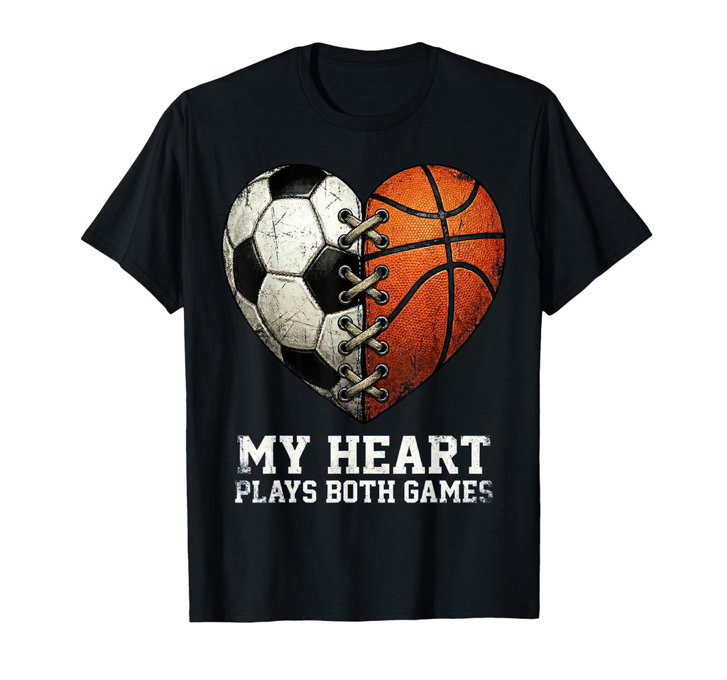 Soccer And Basketball Heart Dual T-Shirt - Casual Everyday Wear Men Women